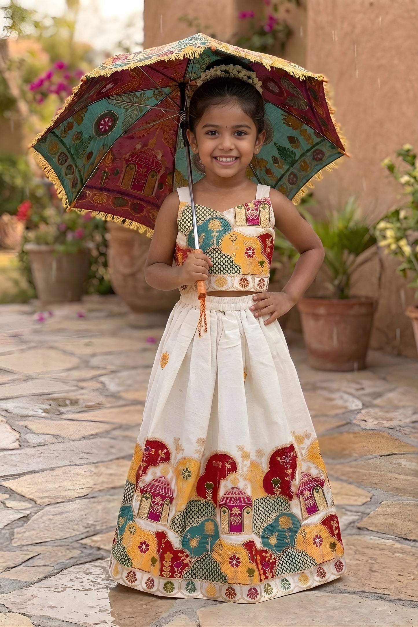 Beautiful Off White Khadi Cotton Girls Lehenga Choli with Multicolor Temple Motif for Festival