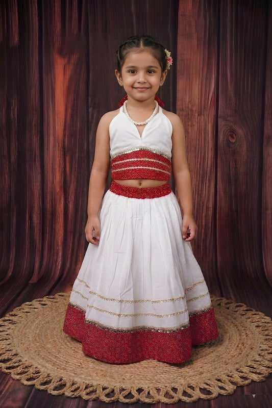 Elegant White Cambric Cotton Girls Lehenga Choli with Red Sequins Border for Festive