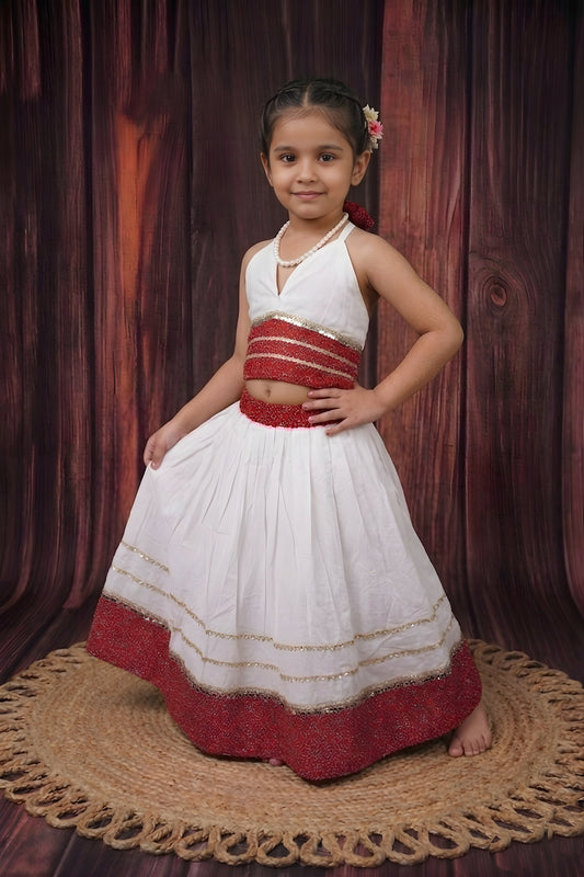 Elegant White Cambric Cotton Girls Lehenga Choli with Red Sequins Border for Festive
