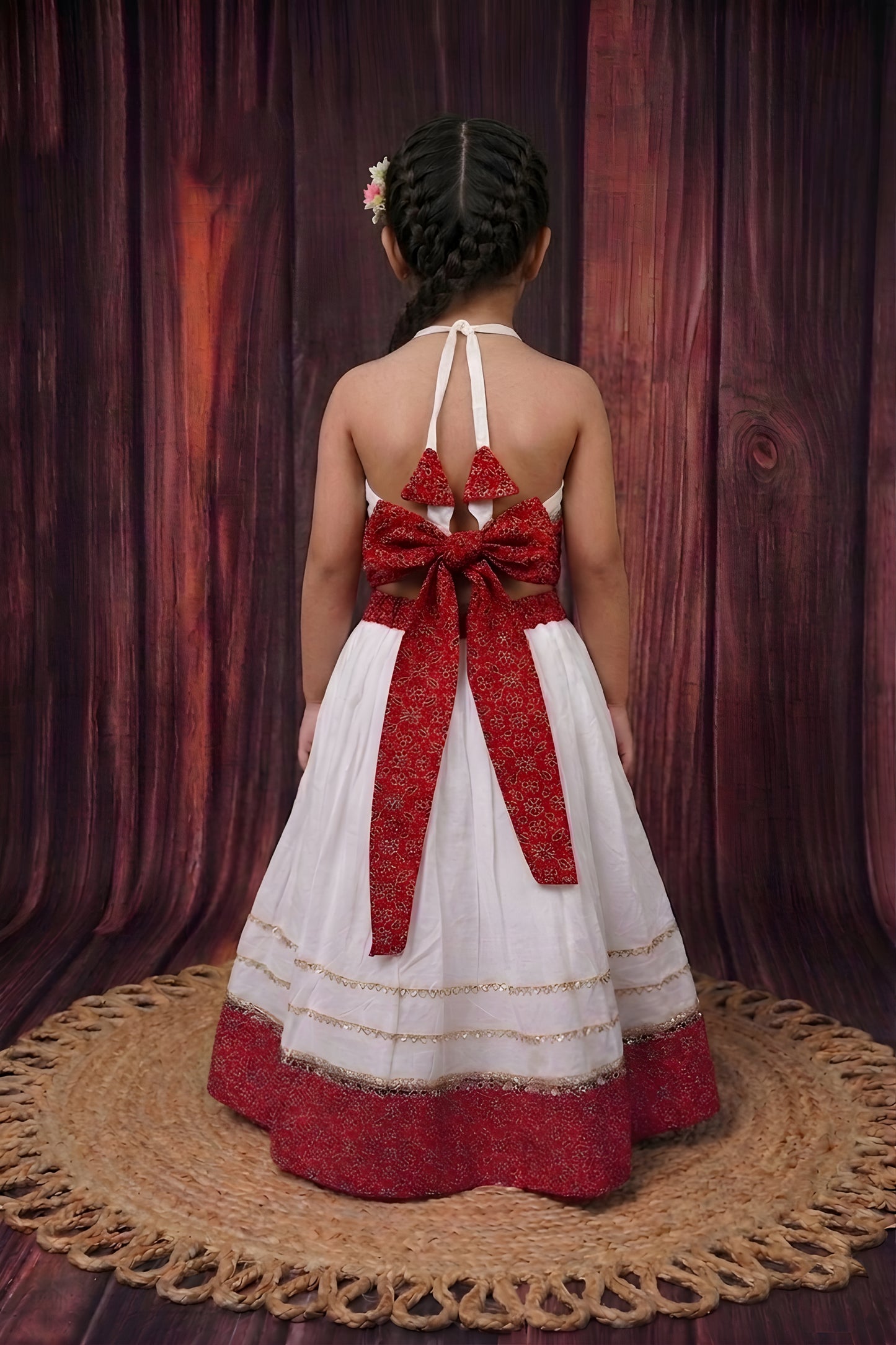 Elegant White Cambric Cotton Girls Lehenga Choli with Red Sequins Border for Festive