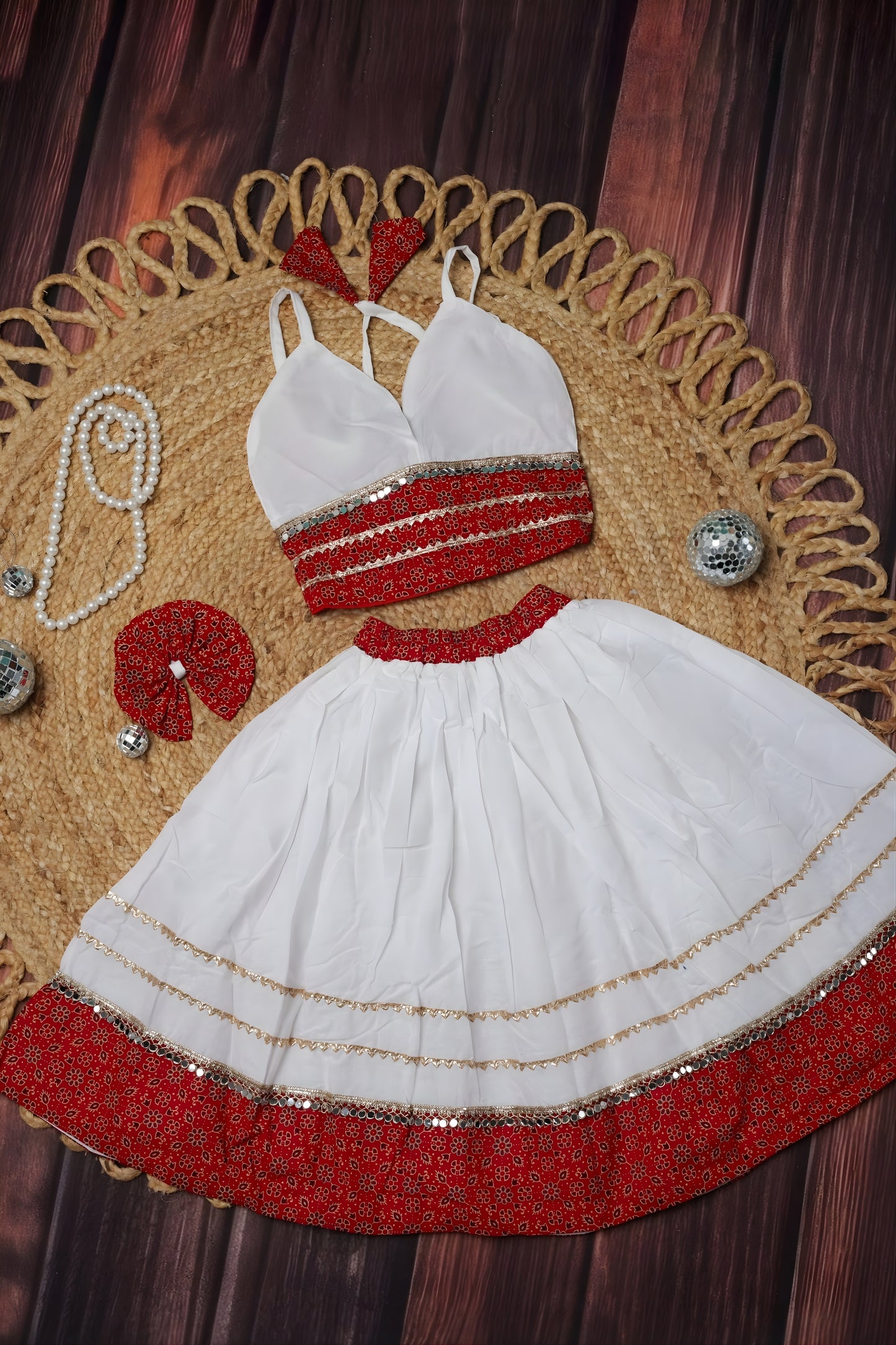 Elegant White Cambric Cotton Girls Lehenga Choli with Red Sequins Border for Festive