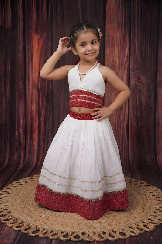 Elegant White Cambric Cotton Girls Lehenga Choli with Red Sequins Border for Festive