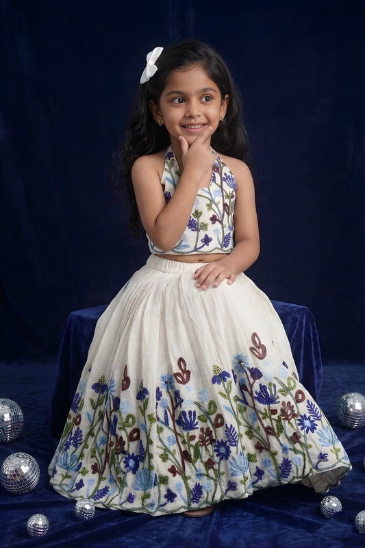 Stylish Off White Khadi Cotton Girls Lehenga Choli with Multicolor Floral Embroidery for Festive