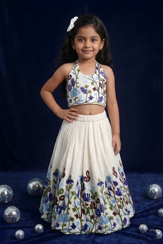 Stylish Off White Khadi Cotton Girls Lehenga Choli with Multicolor Floral Embroidery for Festive