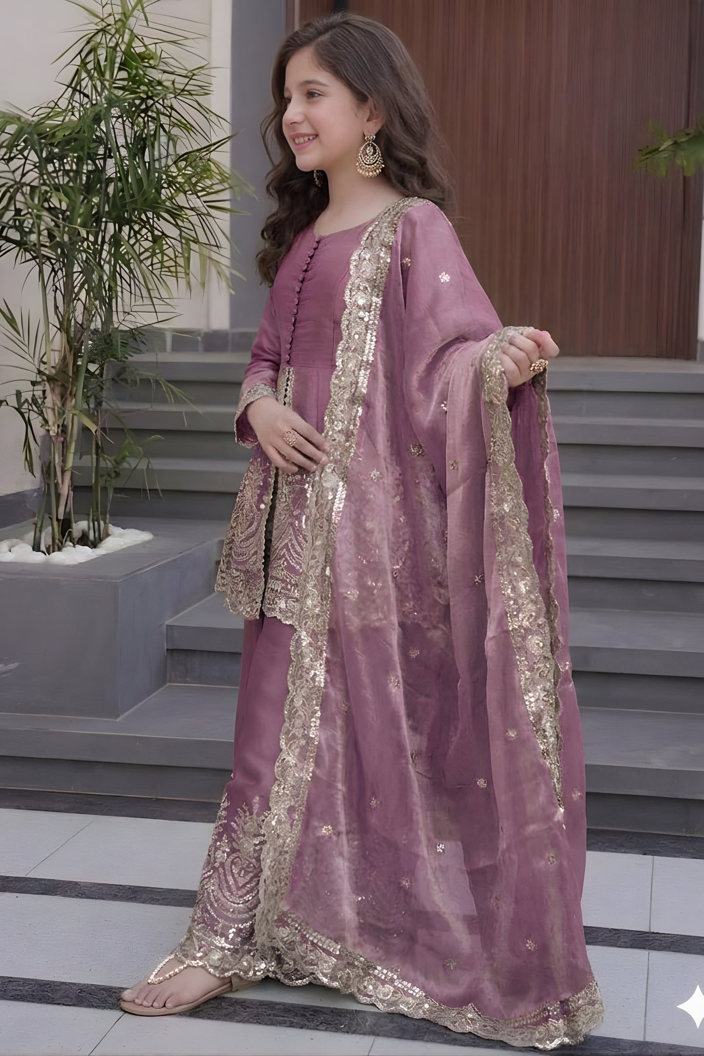 Elegant Mauve Fandy Silk Embroidered Girls Straight Palazzo Suit with Designer Dupatta for Wedding