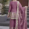 Elegant Mauve Fandy Silk Embroidered Girls Straight Palazzo Suit with Designer Dupatta for Wedding
