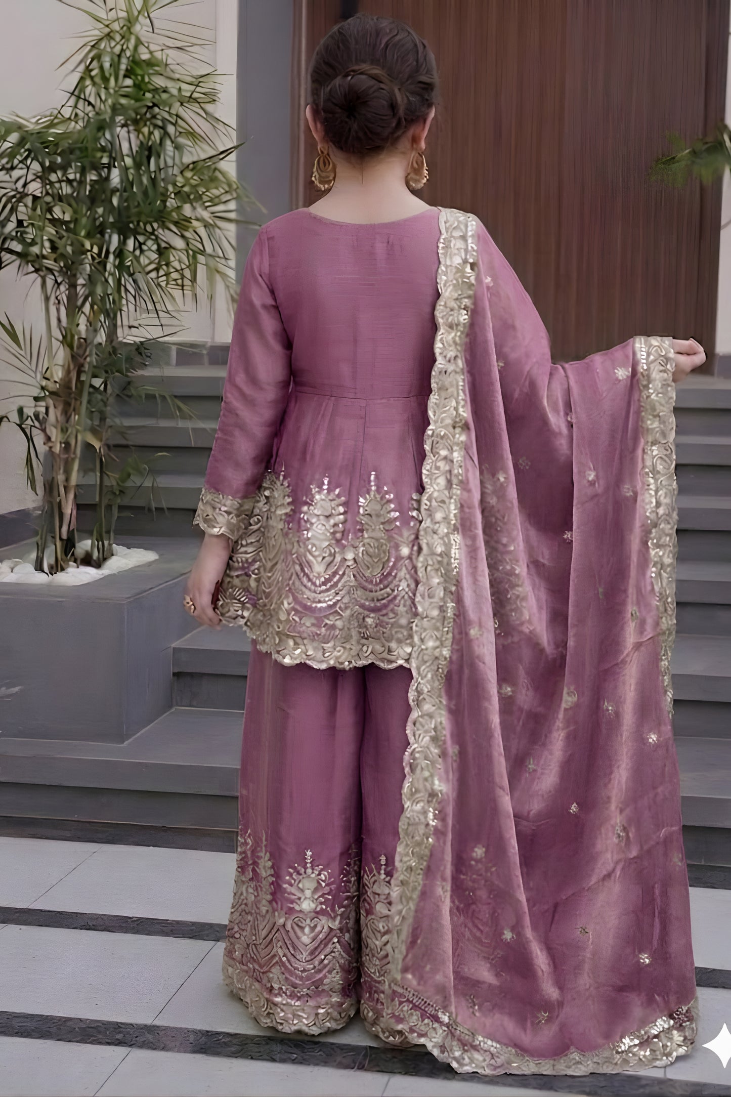 Elegant Mauve Fandy Silk Embroidered Girls Straight Palazzo Suit with Designer Dupatta for Wedding