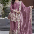 Elegant Mauve Fandy Silk Embroidered Girls Straight Palazzo Suit with Designer Dupatta for Wedding
