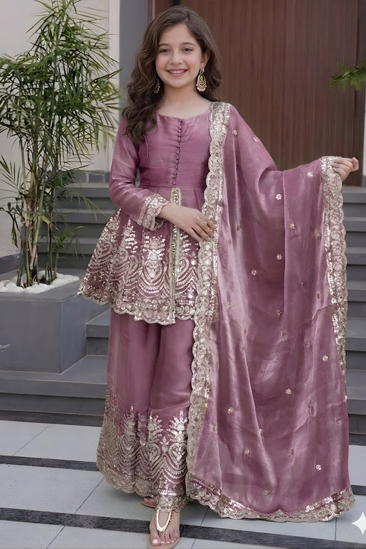 Elegant Mauve Fandy Silk Embroidered Girls Straight Palazzo Suit with Designer Dupatta for Wedding