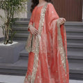 Stylish Peach Fandy Silk Embroidered Girls Straight Palazzo Suit with Designer Dupatta for Wedding