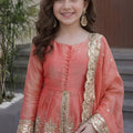 Stylish Peach Fandy Silk Embroidered Girls Straight Palazzo Suit with Designer Dupatta for Wedding
