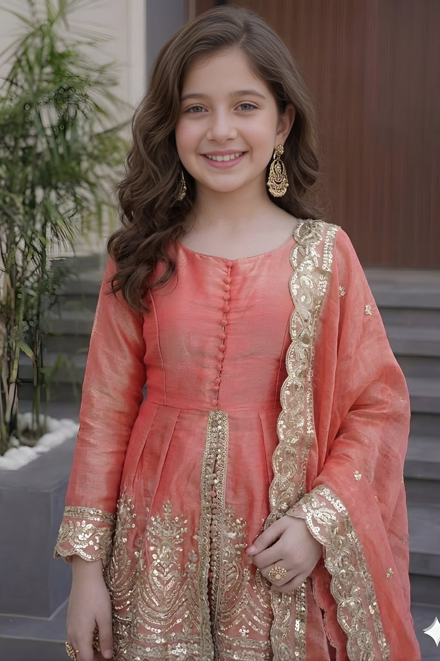 Stylish Peach Fandy Silk Embroidered Girls Straight Palazzo Suit with Designer Dupatta for Wedding