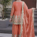 Stylish Peach Fandy Silk Embroidered Girls Straight Palazzo Suit with Designer Dupatta for Wedding