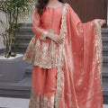 Stylish Peach Fandy Silk Embroidered Girls Straight Palazzo Suit with Designer Dupatta for Wedding