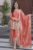 Stylish Peach Fandy Silk Embroidered Girls Straight Palazzo Suit with Designer Dupatta for Wedding