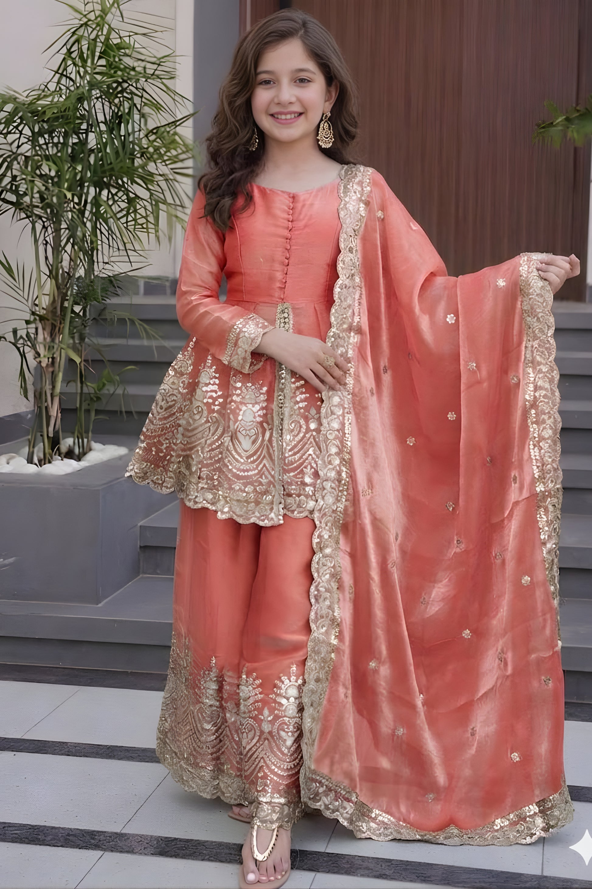 Stylish Peach Fandy Silk Embroidered Girls Straight Palazzo Suit with Designer Dupatta for Wedding
