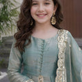 Stunning Sea Green Fandy Silk Embroidered Girls Straight Palazzo Suit with Designer Dupatta