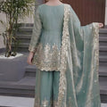 Stunning Sea Green Fandy Silk Embroidered Girls Straight Palazzo Suit with Designer Dupatta
