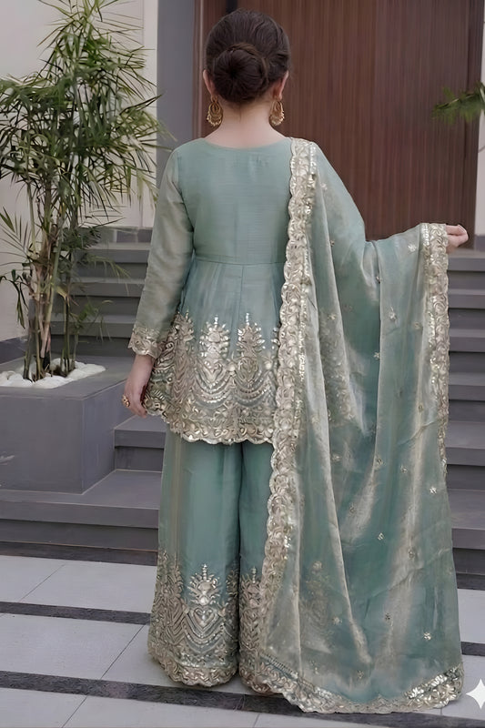 Stunning Sea Green Fandy Silk Embroidered Girls Straight Palazzo Suit with Designer Dupatta