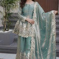 Stunning Sea Green Fandy Silk Embroidered Girls Straight Palazzo Suit with Designer Dupatta