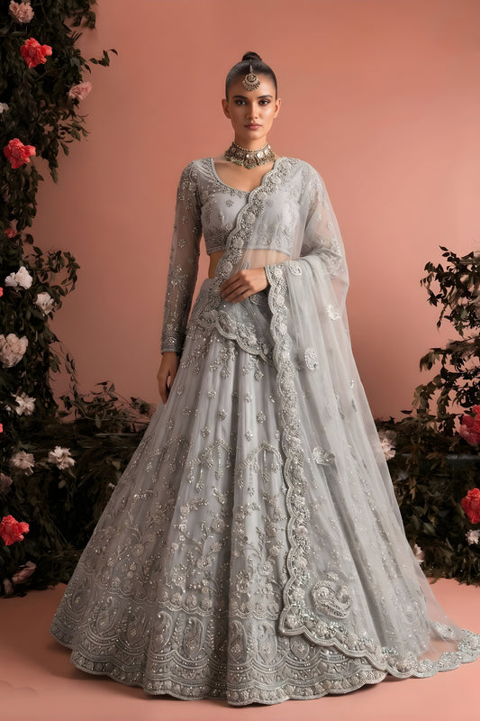 Luxury Grey Butterfly Net Heavy Embroidered Lehenga Choli with Designer Dupatta for Wedding