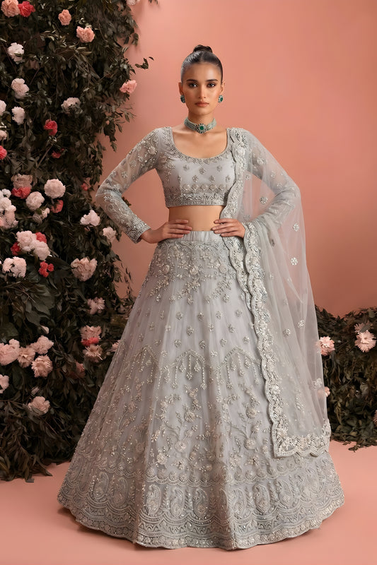 Luxury Grey Butterfly Net Heavy Embroidered Lehenga Choli with Designer Dupatta for Wedding
