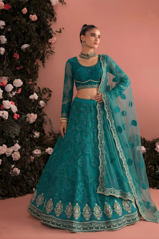 Stunning Teal Blue Butterfly Net Heavy Embroidered Lehenga Choli with Designer Dupatta for Wedding