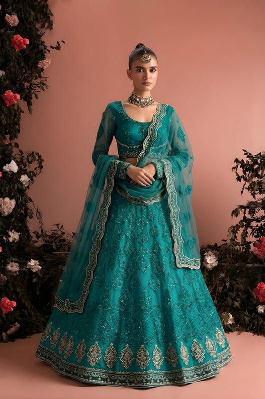 Stunning Teal Blue Butterfly Net Heavy Embroidered Lehenga Choli with Designer Dupatta for Wedding