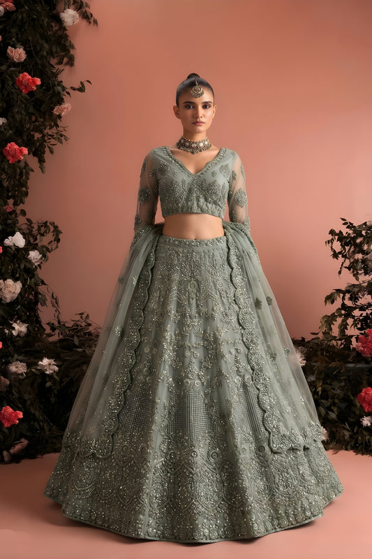 Stylish Dark Grey Butterfly Net Heavy Embroidered Lehenga Choli with Designer Dupatta for Wedding