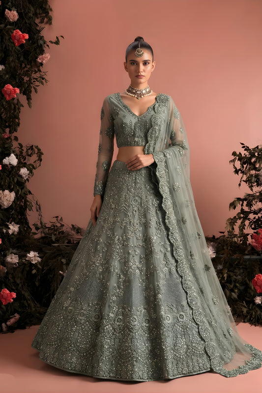 Stylish Dark Grey Butterfly Net Heavy Embroidered Lehenga Choli with Designer Dupatta for Wedding