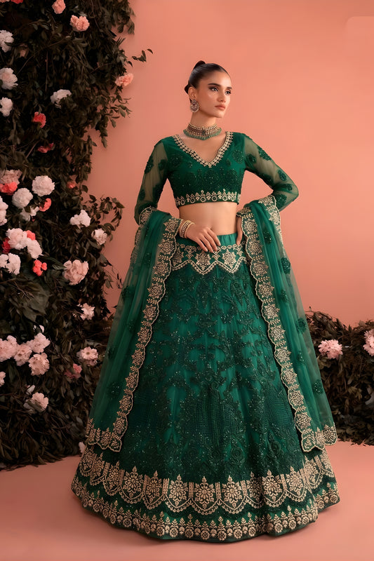 Beautiful Rama Green Butterfly Net Heavy Embroidered Lehenga Choli with Designer Dupatta for Wedding