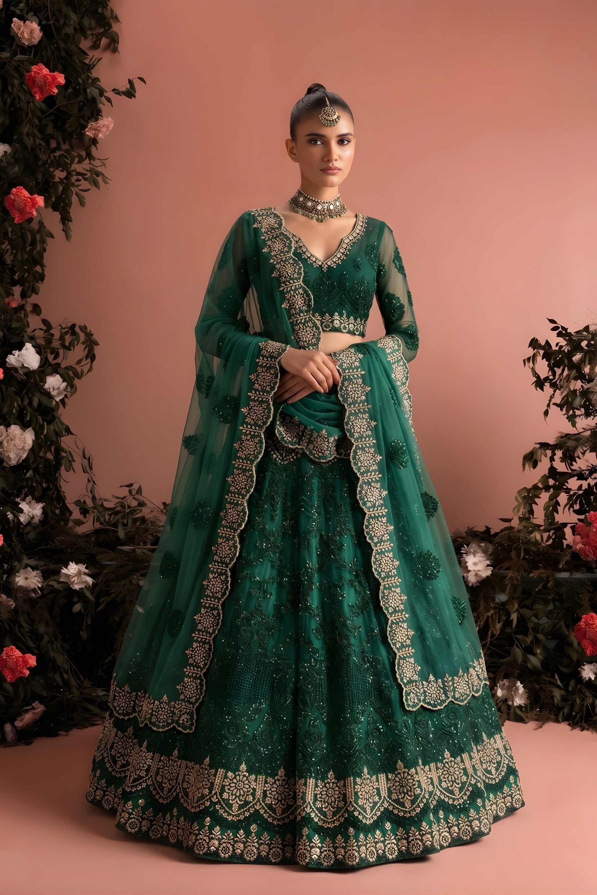 Beautiful Rama Green Butterfly Net Heavy Embroidered Lehenga Choli with Designer Dupatta for Wedding