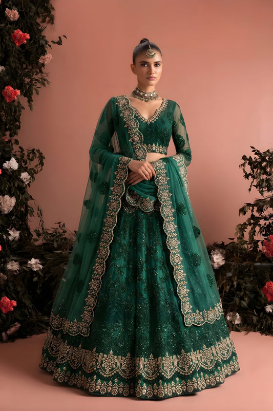 Beautiful Rama Green Butterfly Net Heavy Embroidered Lehenga Choli with Designer Dupatta for Wedding