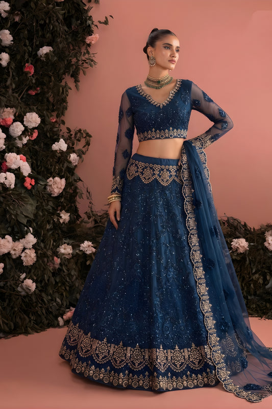 Elegant Navy Blue Butterfly Net Heavy Embroidered Lehenga Choli with Designer Dupatta for Wedding