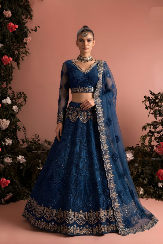 Elegant Navy Blue Butterfly Net Heavy Embroidered Lehenga Choli with Designer Dupatta for Wedding