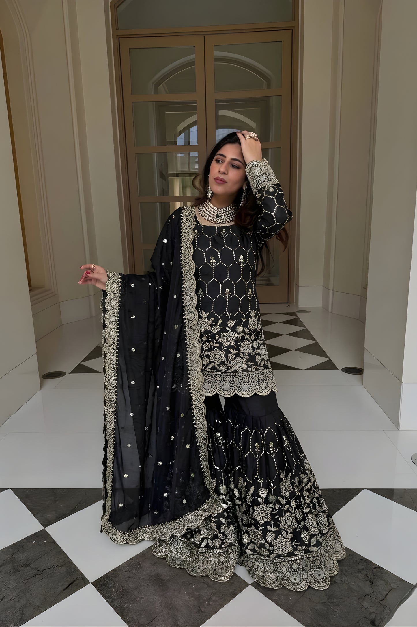 Luxury Black GMY Silk Heavy Embroidered Sharara Suit with Designer Dupatta for Wedding