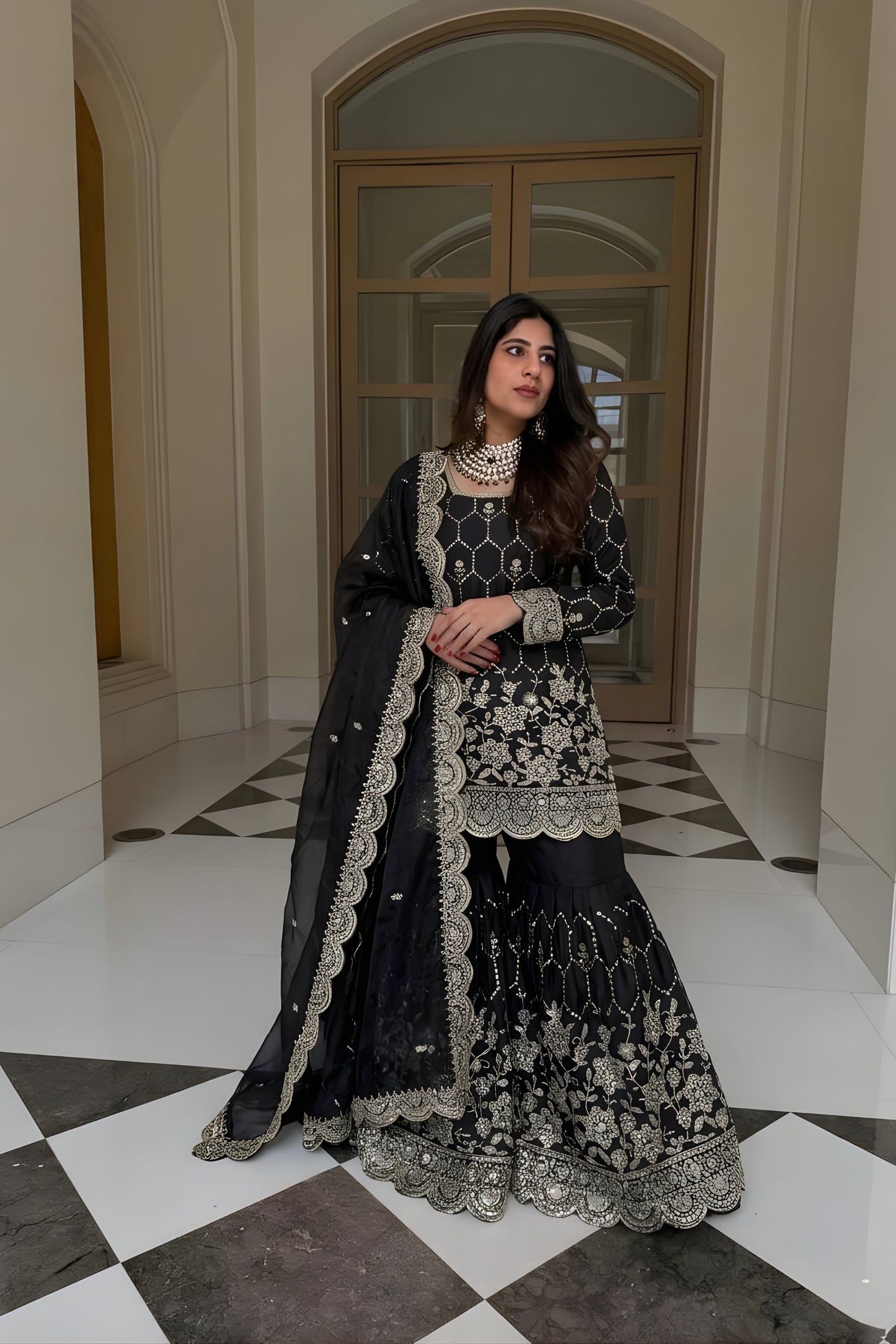 Luxury Black GMY Silk Heavy Embroidered Sharara Suit with Designer Dupatta for Wedding