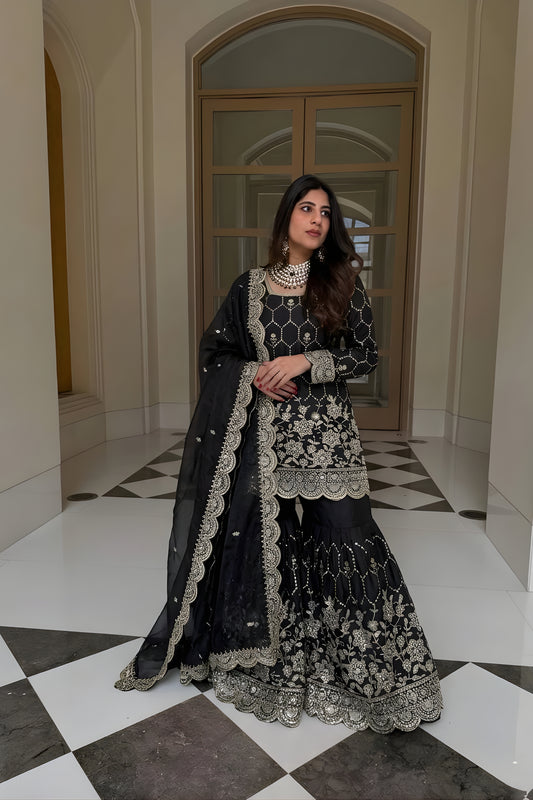 Luxury Black GMY Silk Heavy Embroidered Sharara Suit with Designer Dupatta for Wedding