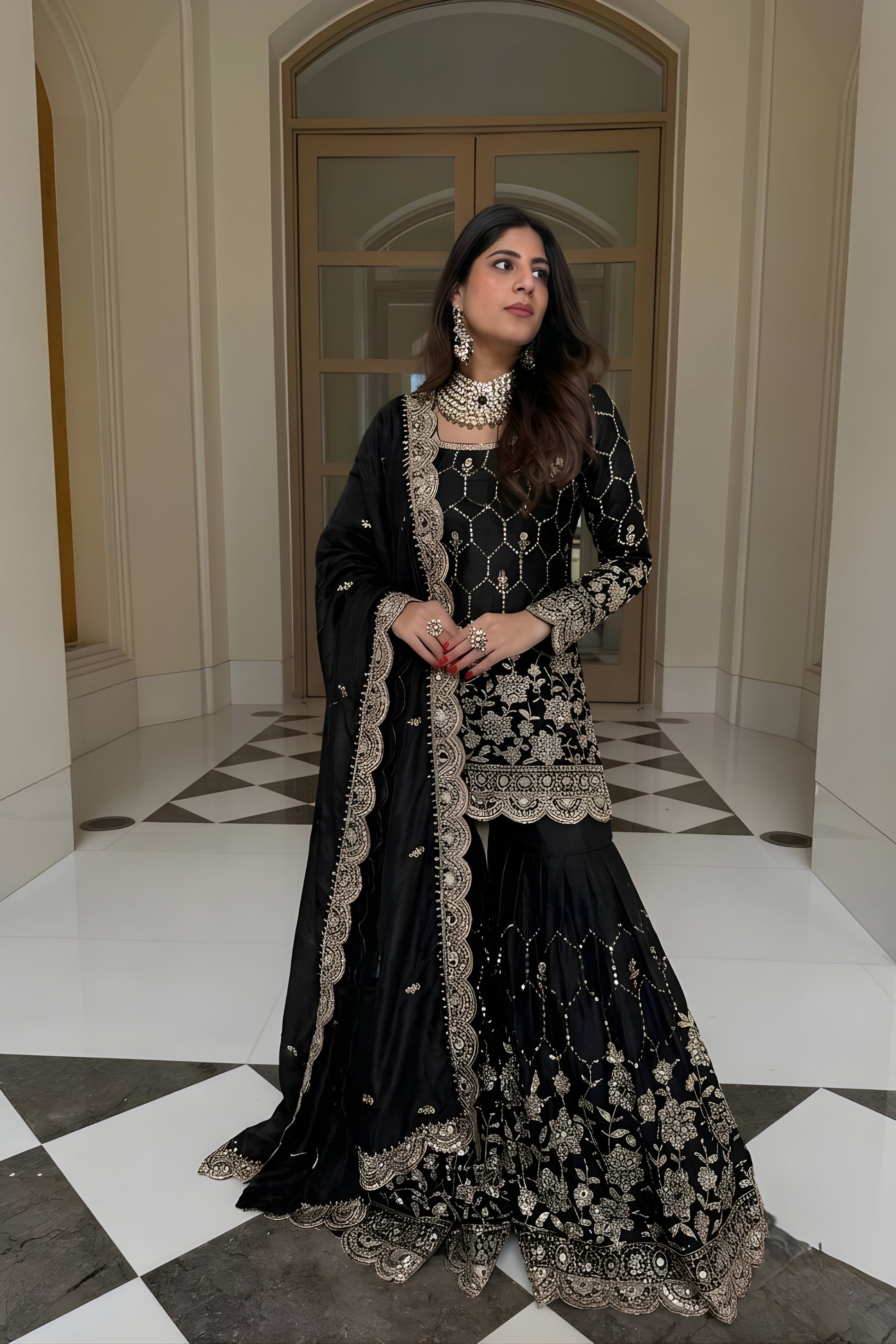 Luxury Black GMY Silk Heavy Embroidered Sharara Suit with Designer Dupatta for Wedding