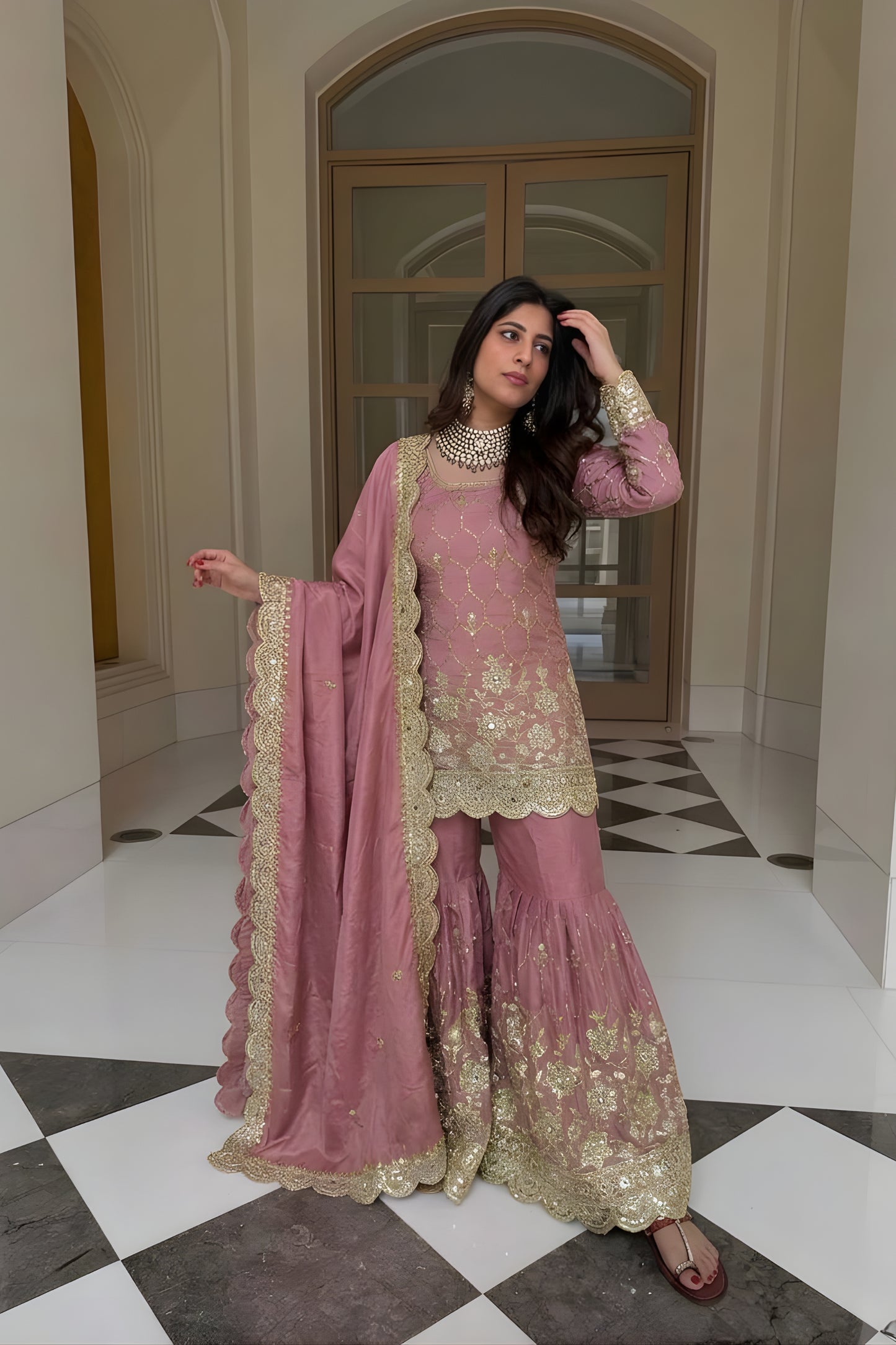Elegant Pink GMY Silk Heavy Embroidered Sharara Suit with Designer Dupatta for Wedding