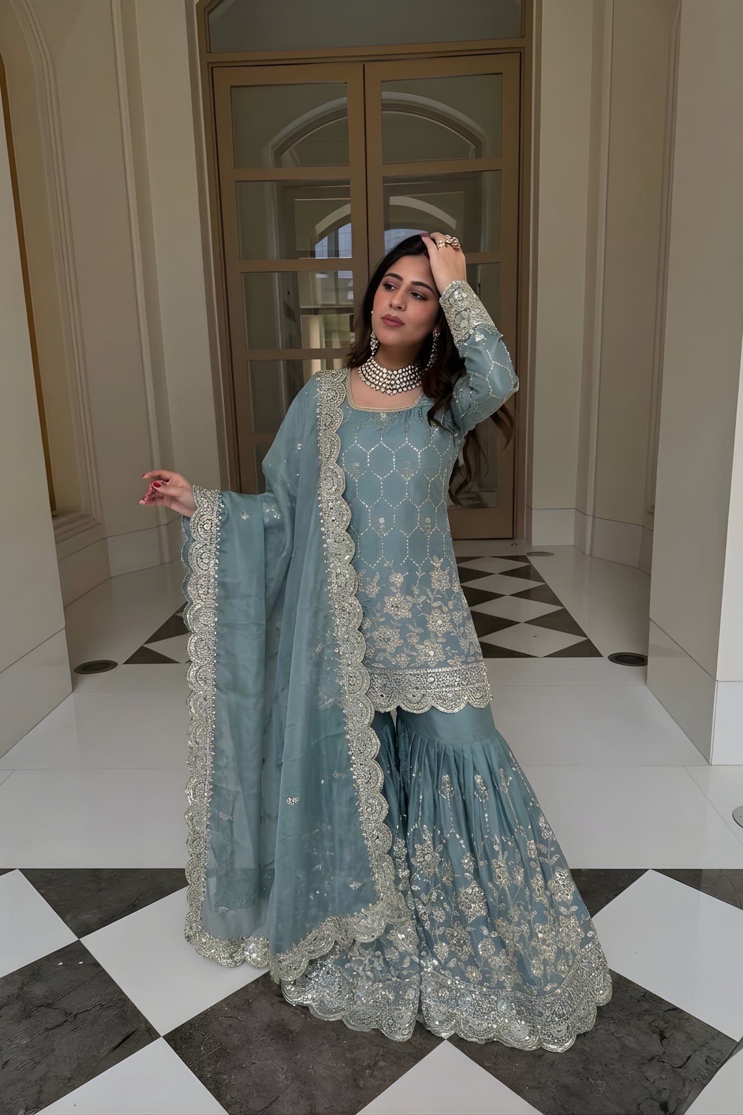 Adorable Sky Blue GMY Silk Heavy Embroidered Sharara Suit with Designer Dupatta for Wedding
