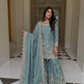 Adorable Sky Blue GMY Silk Heavy Embroidered Sharara Suit with Designer Dupatta for Wedding