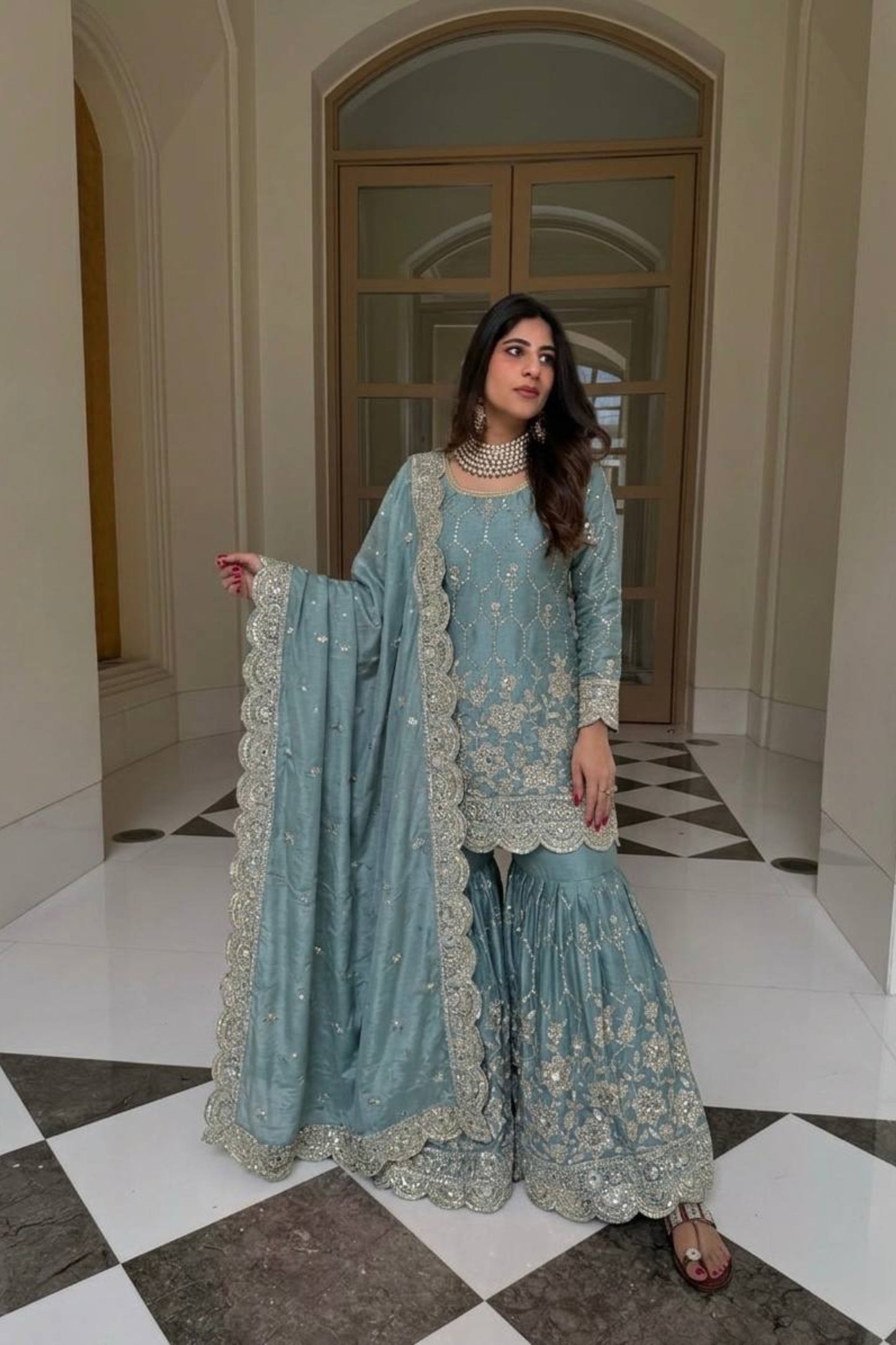 Adorable Sky Blue GMY Silk Heavy Embroidered Sharara Suit with Designer Dupatta for Wedding