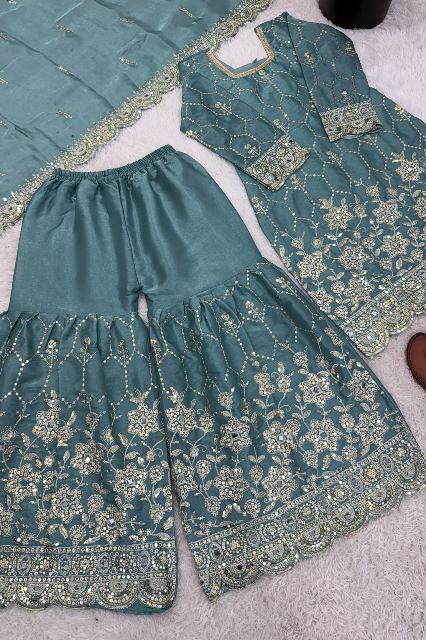 Adorable Sky Blue GMY Silk Heavy Embroidered Sharara Suit with Designer Dupatta for Wedding