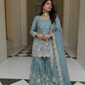 Adorable Sky Blue GMY Silk Heavy Embroidered Sharara Suit with Designer Dupatta for Wedding