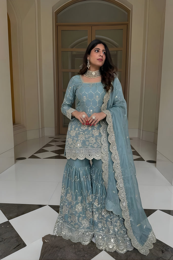 Adorable Sky Blue GMY Silk Heavy Embroidered Sharara Suit with Designer Dupatta for Wedding
