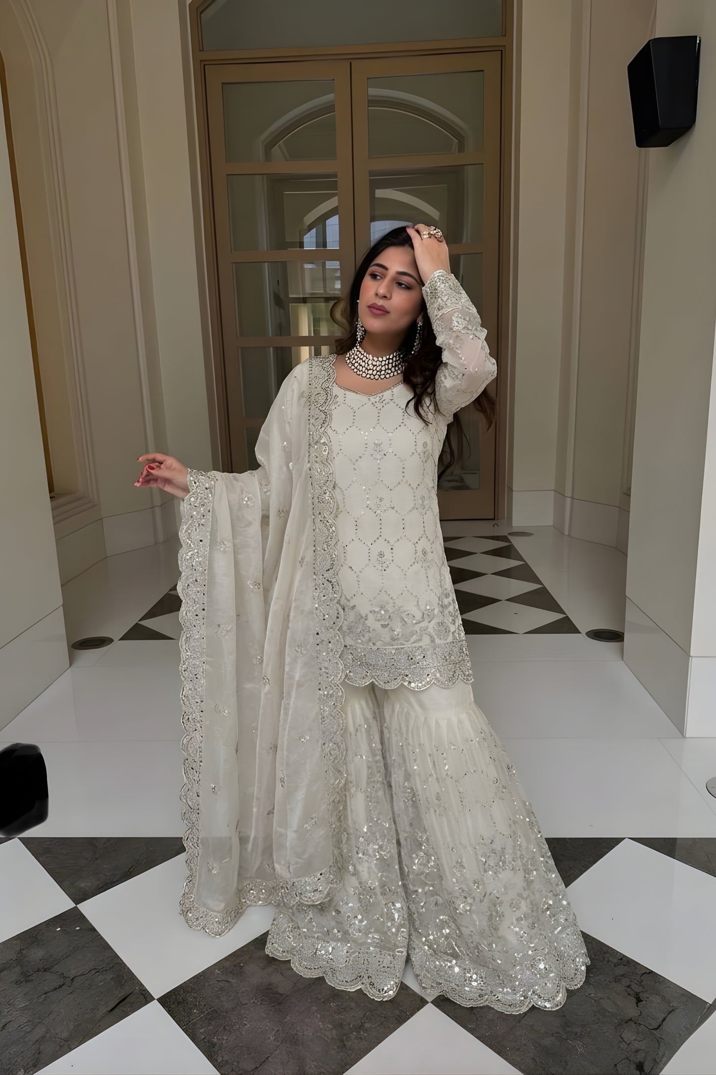 Graceful White GMY Silk Heavy Embroidered Sharara Suit with Designer Dupatta for Wedding