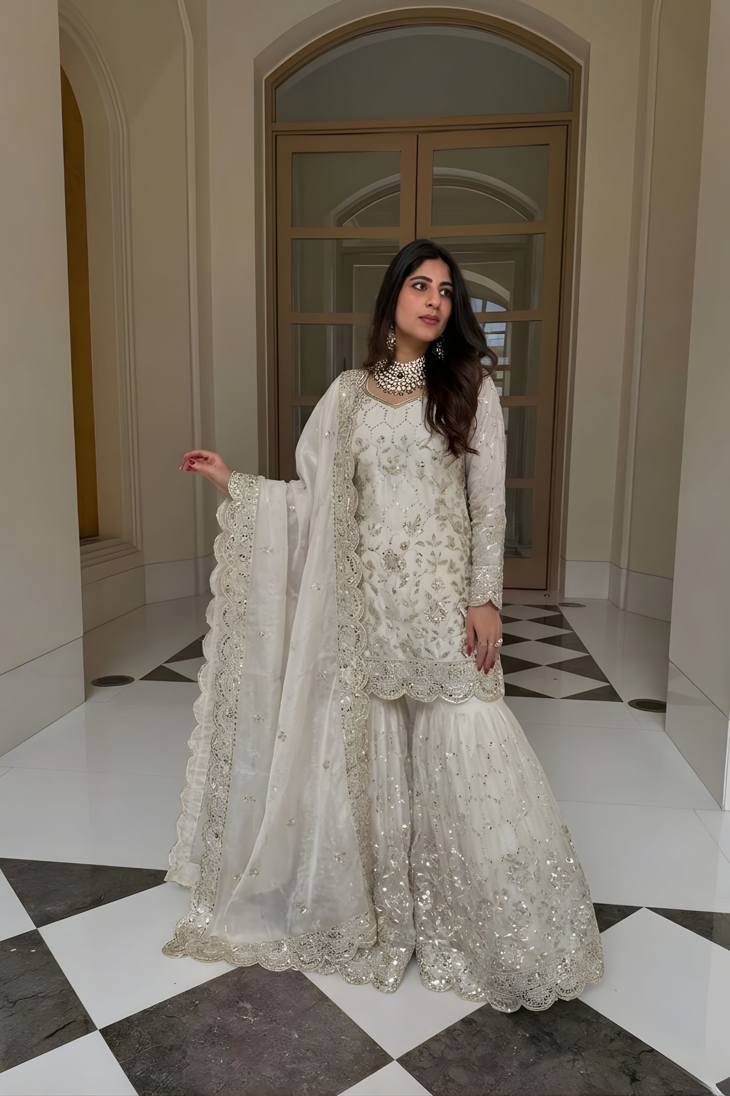 Graceful White GMY Silk Heavy Embroidered Sharara Suit with Designer Dupatta for Wedding
