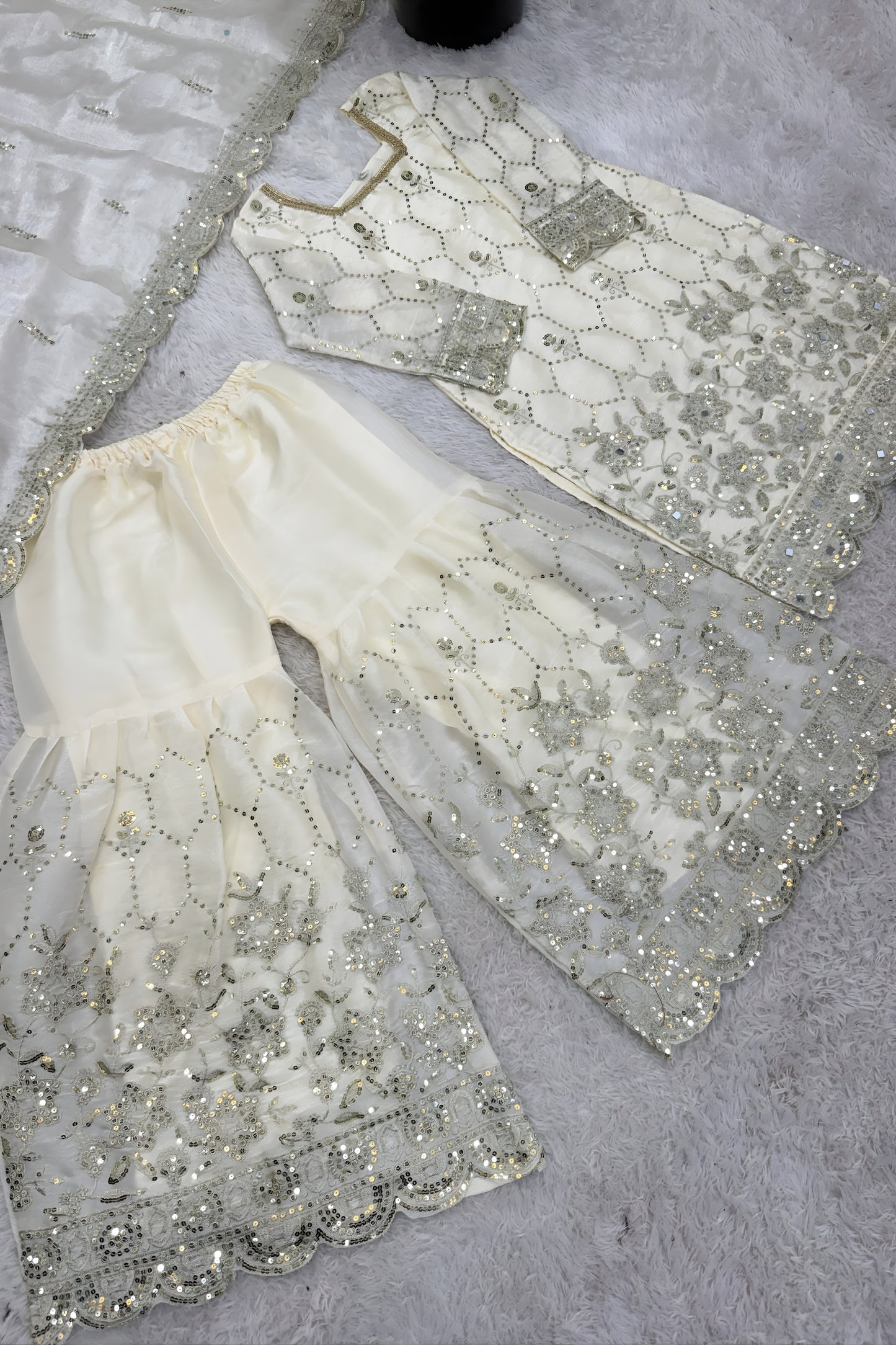Graceful White GMY Silk Heavy Embroidered Sharara Suit with Designer Dupatta for Wedding