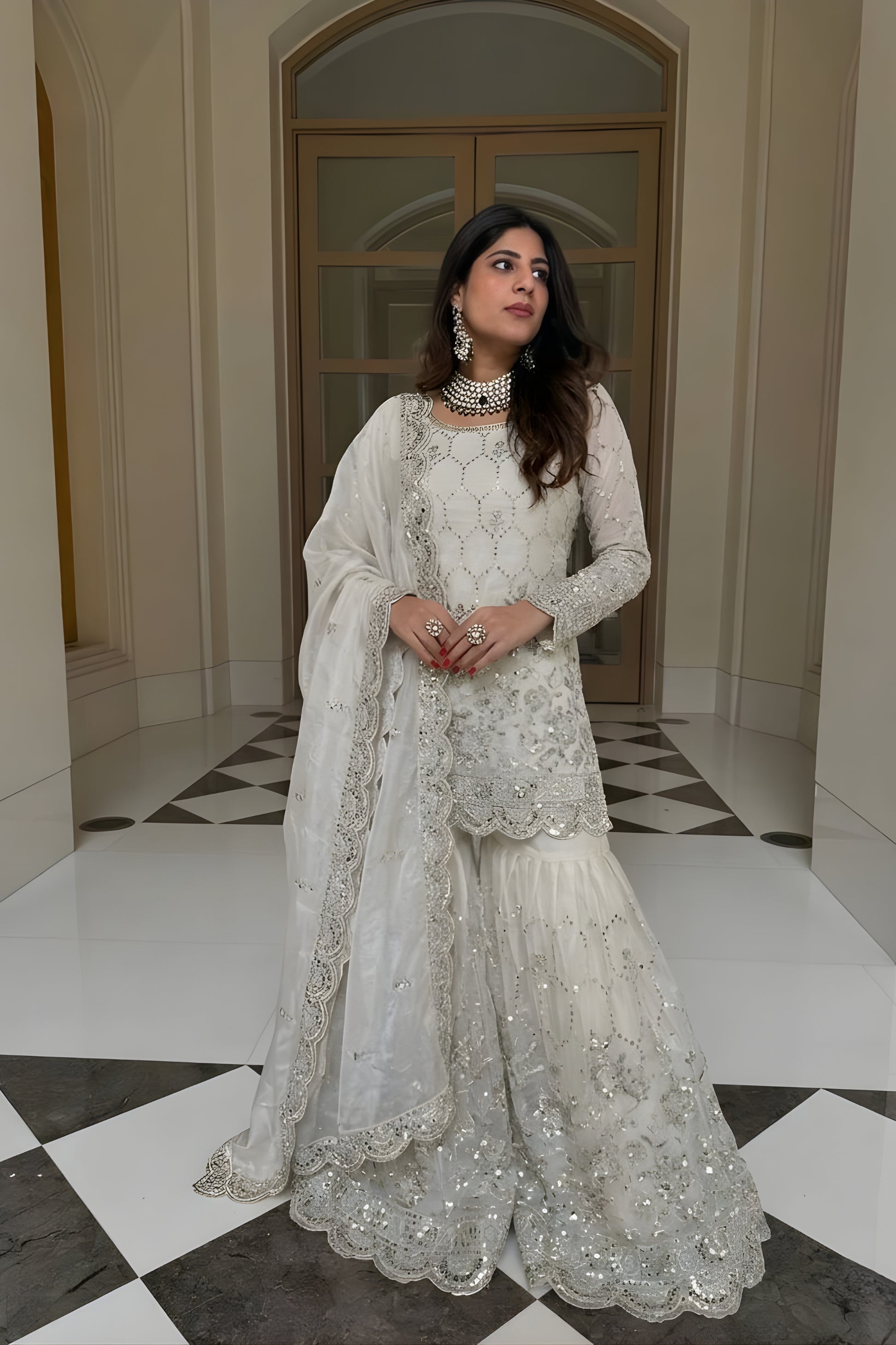 Graceful White GMY Silk Heavy Embroidered Sharara Suit with Designer Dupatta for Wedding